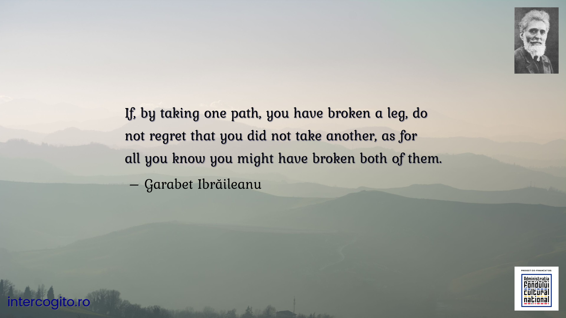 If, by taking one path, you have broken a leg, do not regret that you did not take another, as for all you know you might have broken both of them.