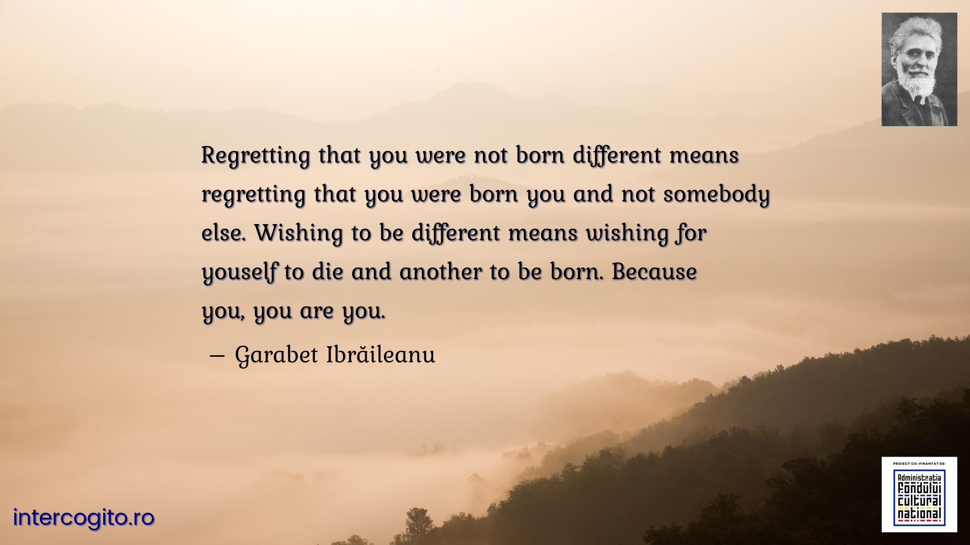 Regretting that you were not born different means regretting that you were born you and not somebody else. Wishing to be different means wishing for youself to die and another to be born. Because you, you are you.