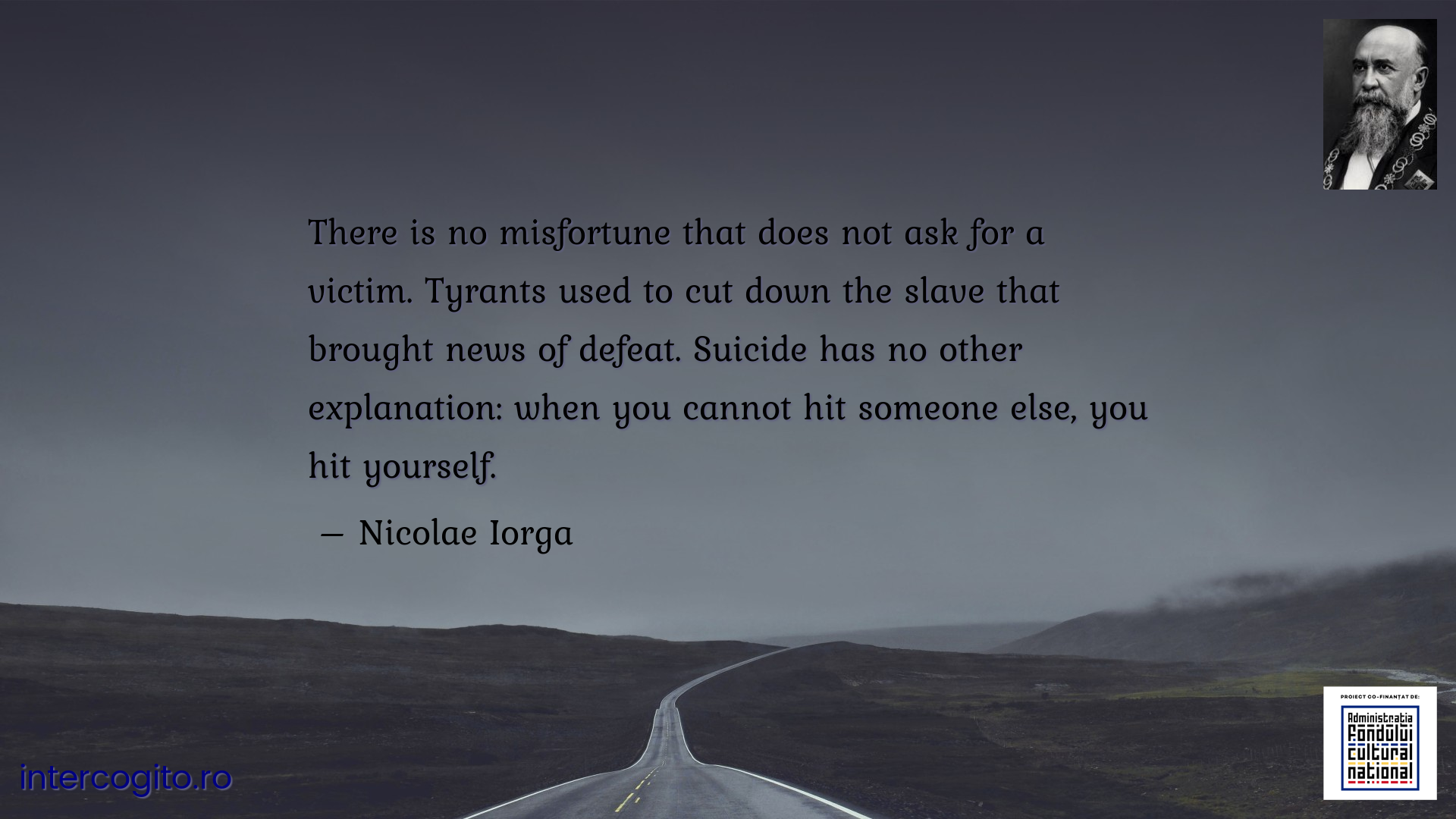 There is no misfortune that does not ask for a victim. Tyrants used to cut down the slave that brought news of defeat. Suicide has no other explanation: when you cannot hit someone else, you hit yourself.